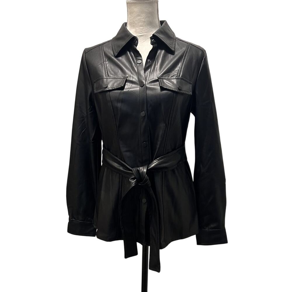 NWT Truth by Republic Fitted Black Long Sleeve Belted Faux Leather Jacket-Small